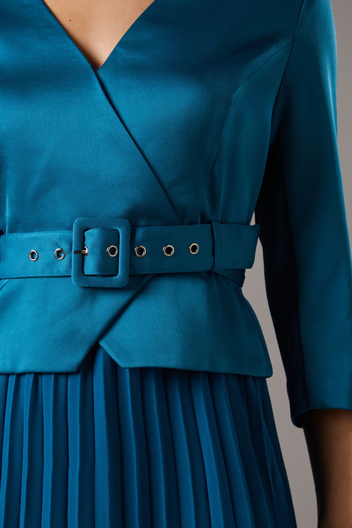 Coast Satin Bodice ¾ Sleeve Pleat Skirt Belted Midi Wedding Guest Dress Teal image 3