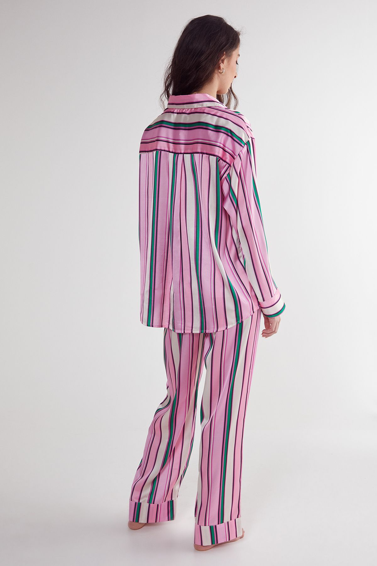 NastyGal Satin Multi Stripe Oversized Shirt And Pants Pajama Set Pink image 3