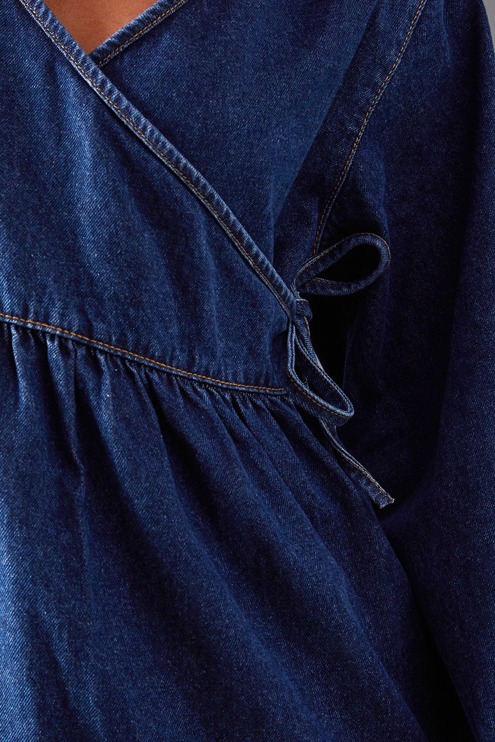 Warehouse Denim Wrap Midi Smock Dress Dark Wash image 5