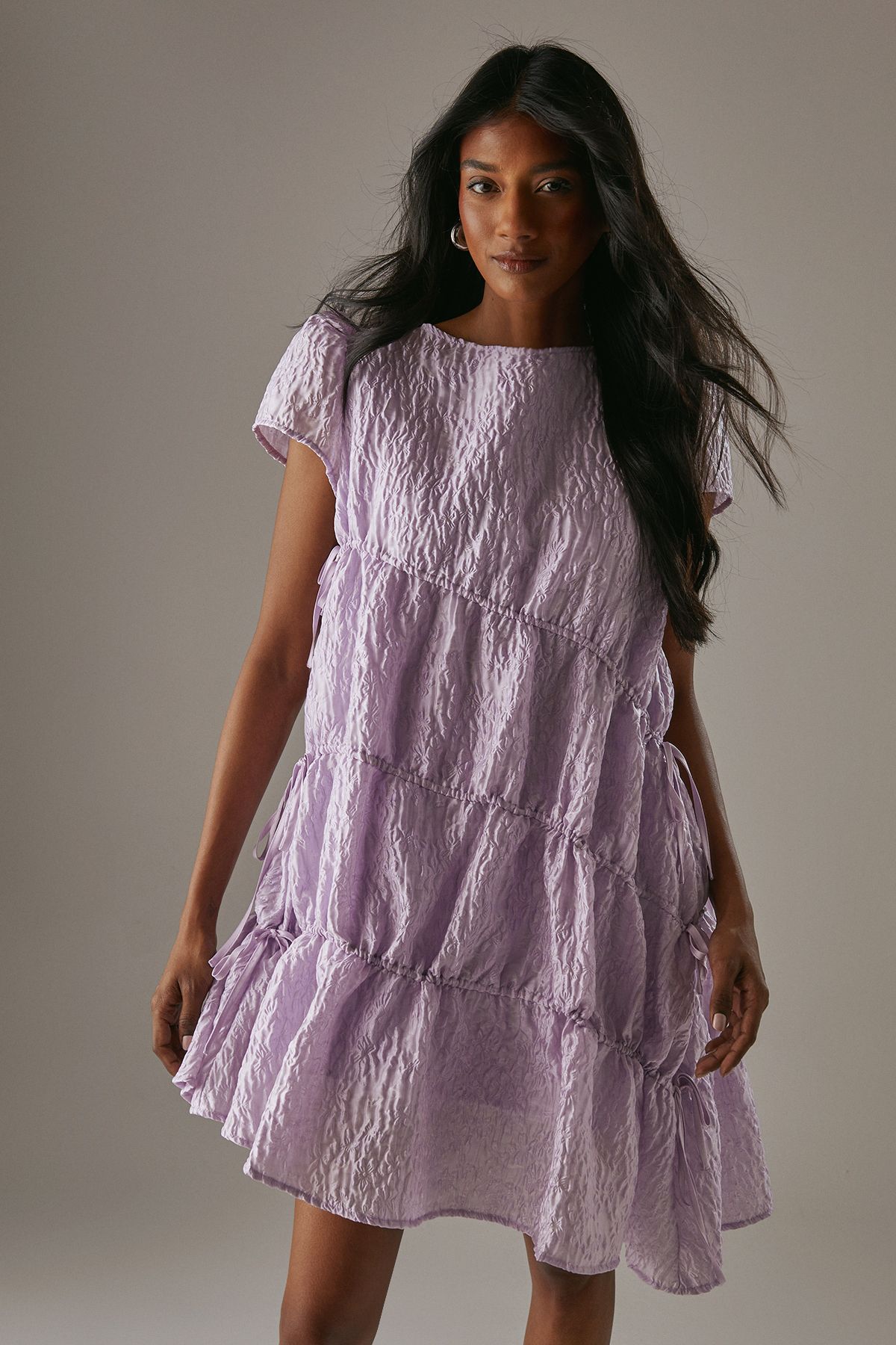 Warehouse Premium Jacquard Gathered Channel Smock Mini Dress Soft Pink image 1