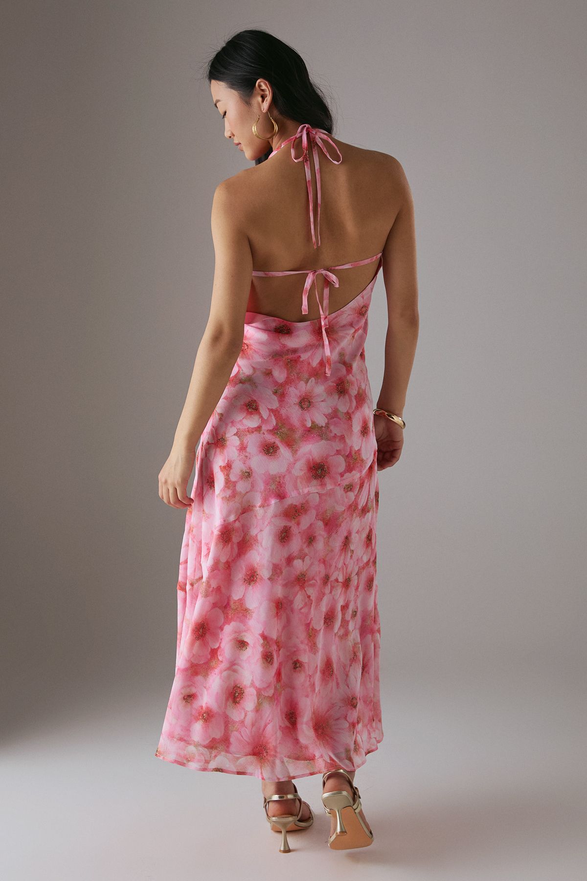 Warehouse Petite Chiffon Bias Tie Front Low Back Halter Midi Dress Pink image 3