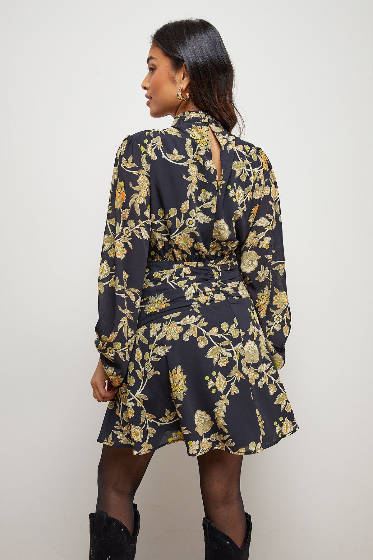 Oasis Petite High Neck Gathered Waist Balloon Sleeve Mini Dress Black image 3