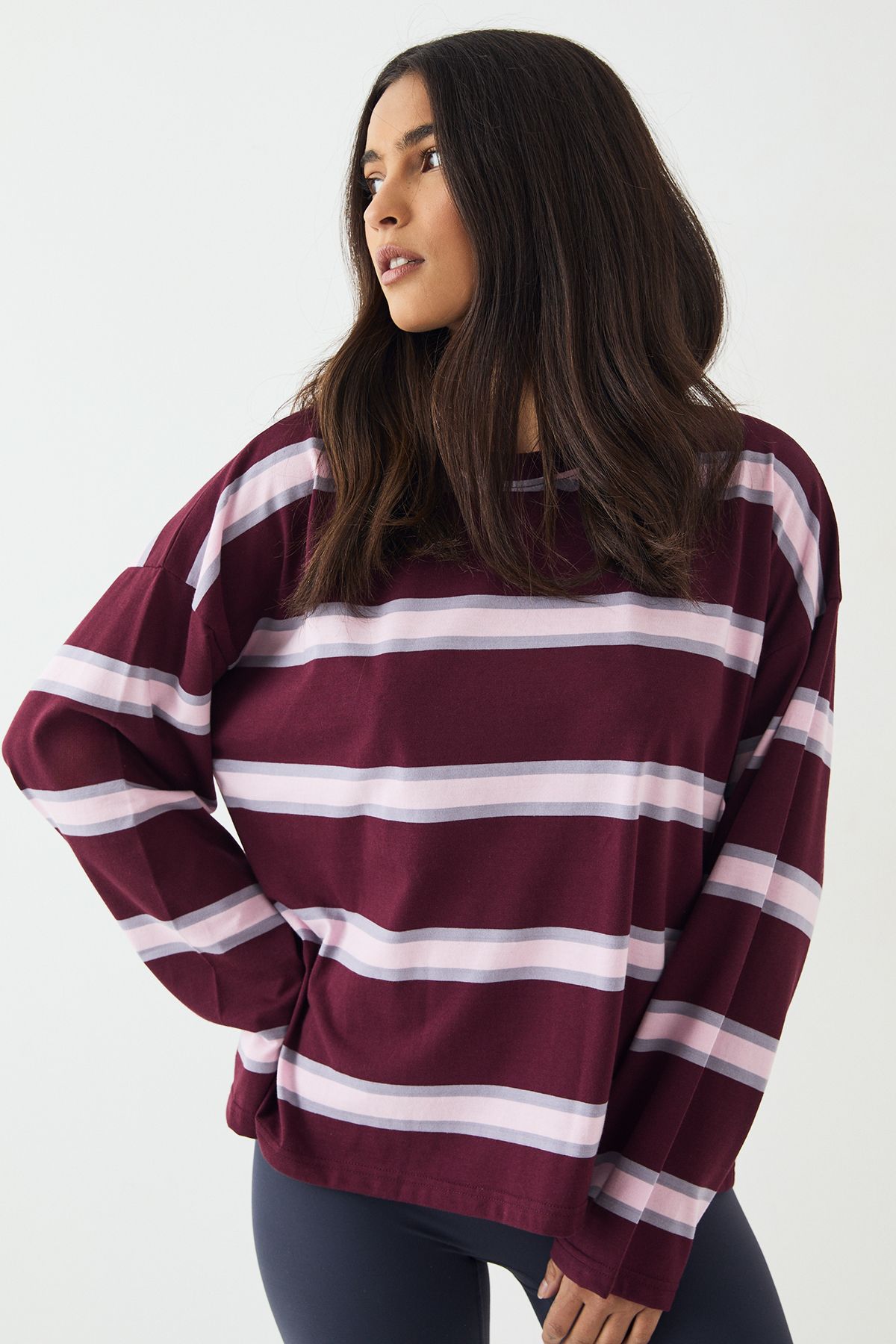 DSGN Studio DSGN Studio Stripe Oversized Long Sleeve T-Shirt Burgundy image 1