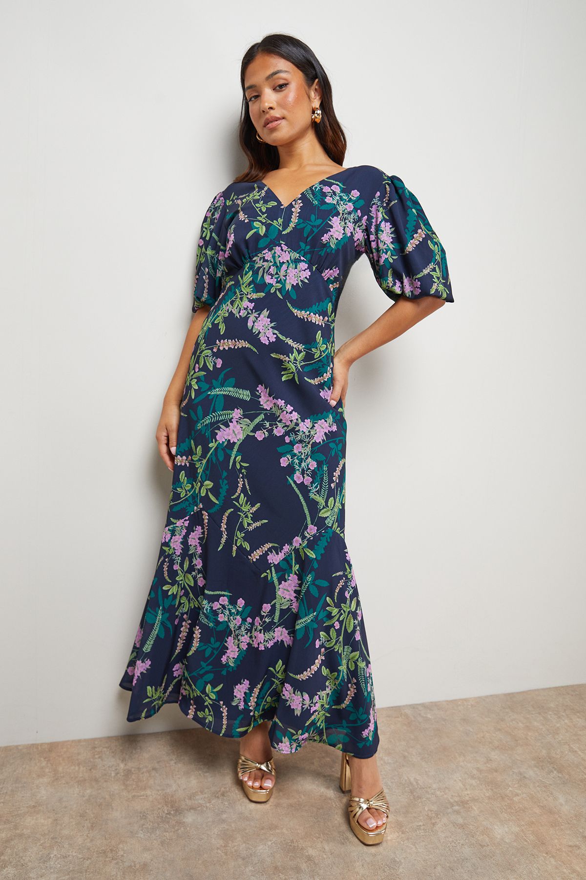 Oasis Petite Printed Chiffon Puff Sleeve Fishtail Midaxi Dress Navy image 1