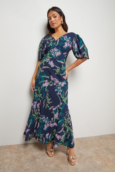 Oasis Petite Printed Chiffon Puff Sleeve Fishtail Midaxi Dress Navy