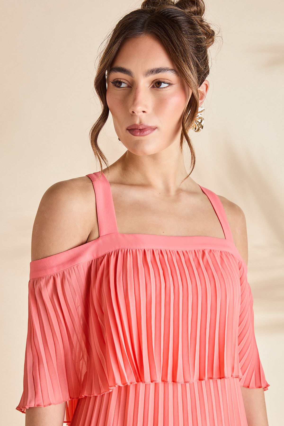 Coast Pleated Off The Shoulder Midi Dress Coral image 4