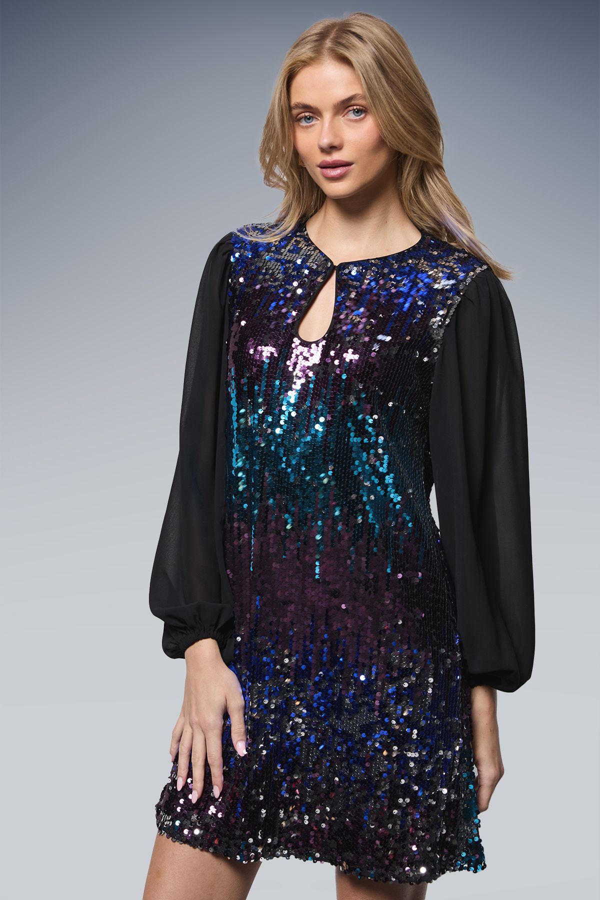Oasis Multi Sequin Keyhole Balloon Sleeve Mini Dress Multi image 2