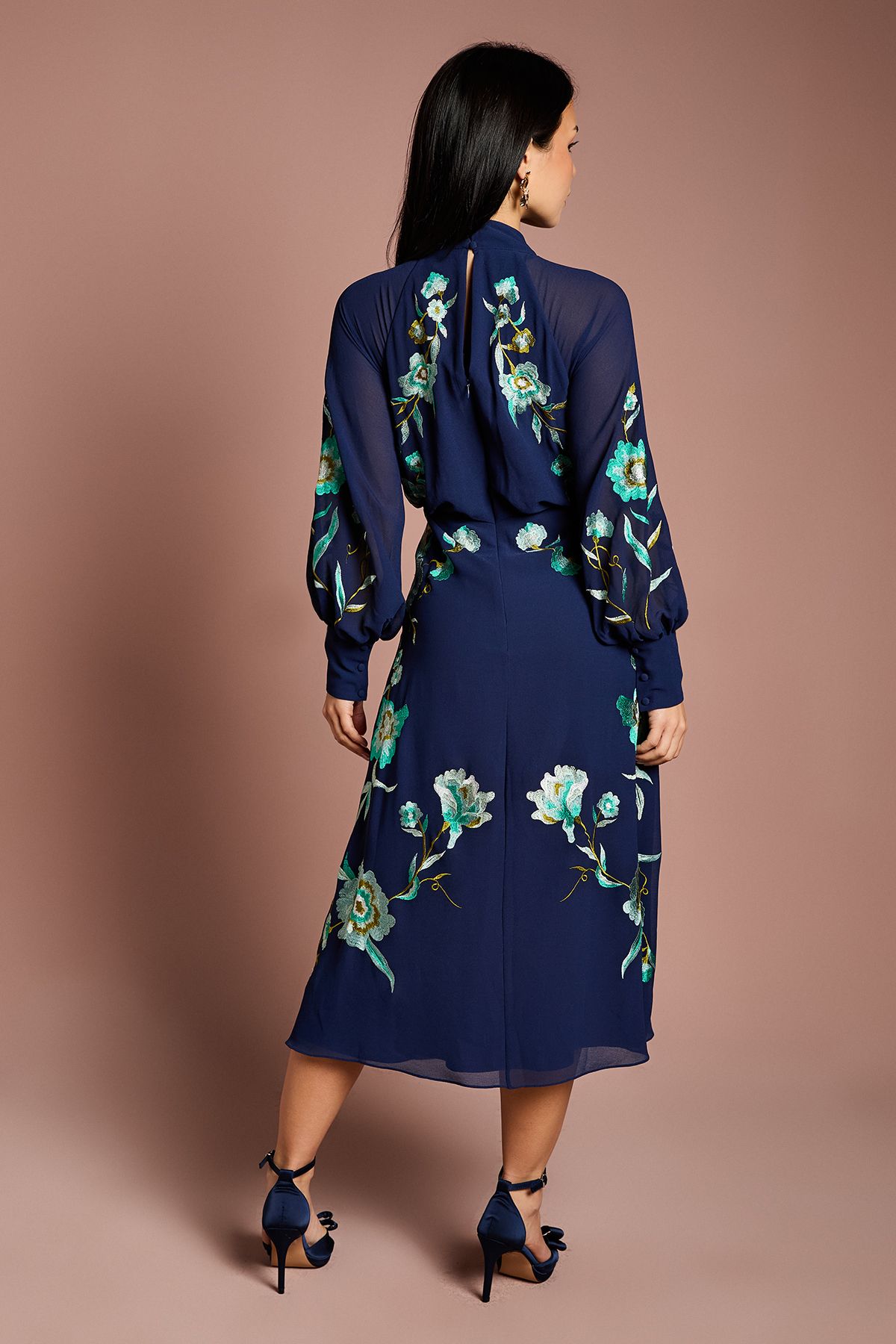 Coast Petite High Neck Long Sleeve Floral Embroidered Midi Dress Navy image 3