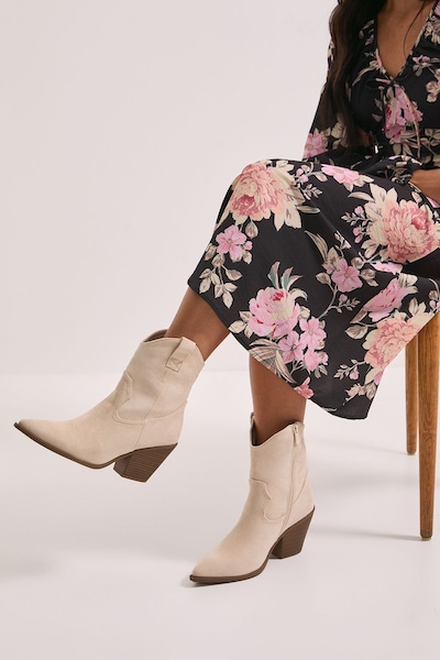 Dorothy Perkins Jenny Faux Suede Detail Western Cowboy Ankle Boots Beige