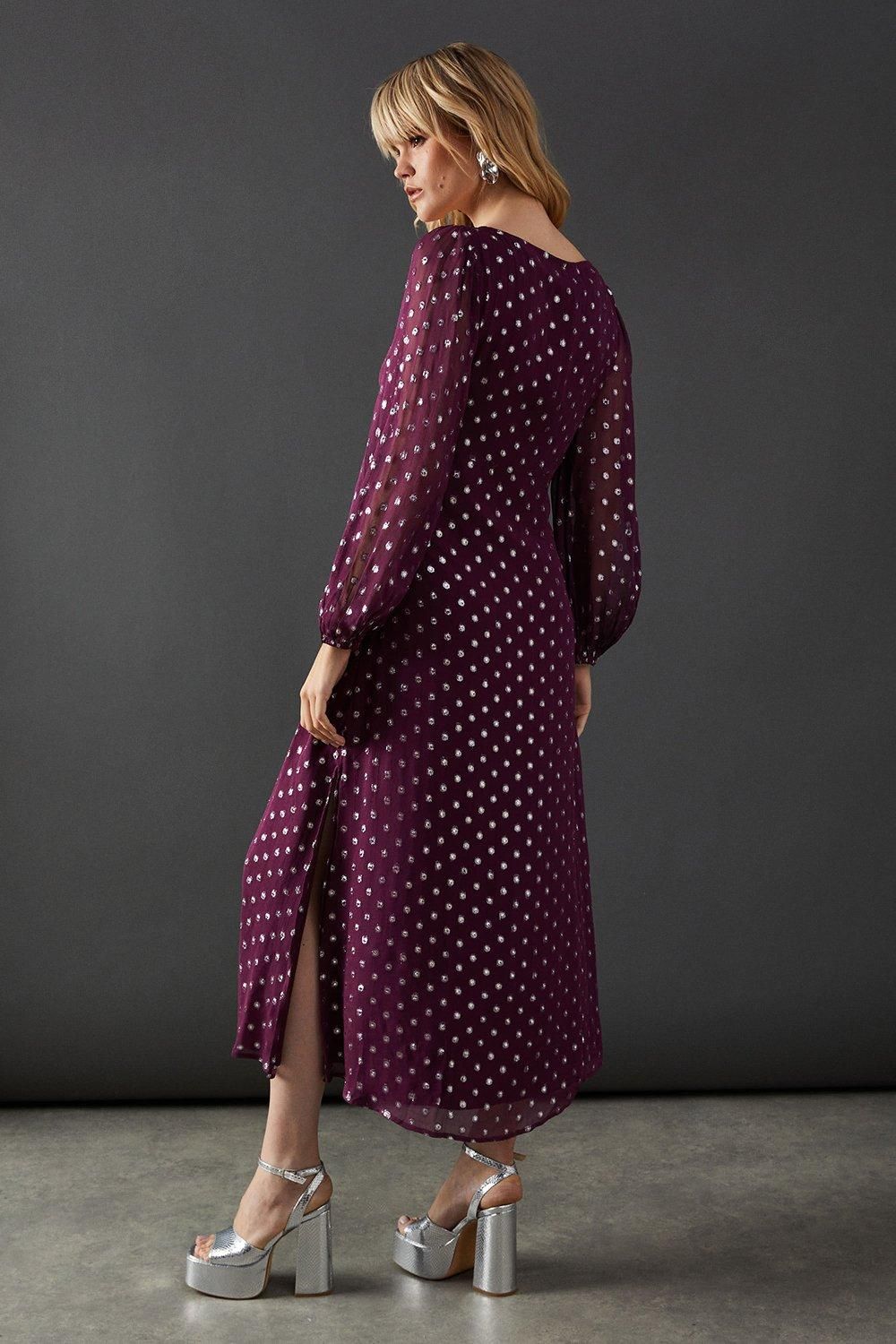 Warehouse Metallic Jacquard Dobby Cross Front Midi Dress Purple image 3