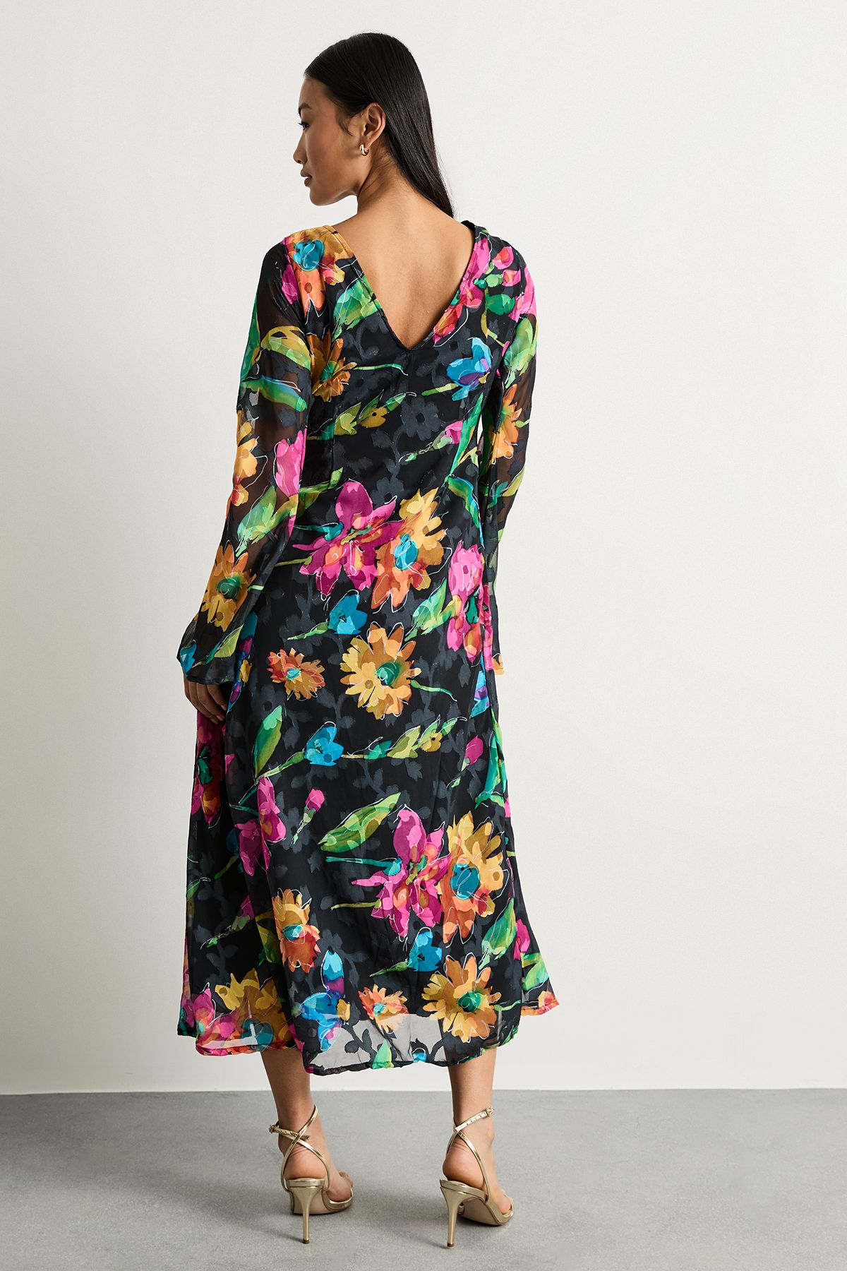 Warehouse Petite Burnout Floral Chiffon Slash Neck Bias Midi Dress Black image 3