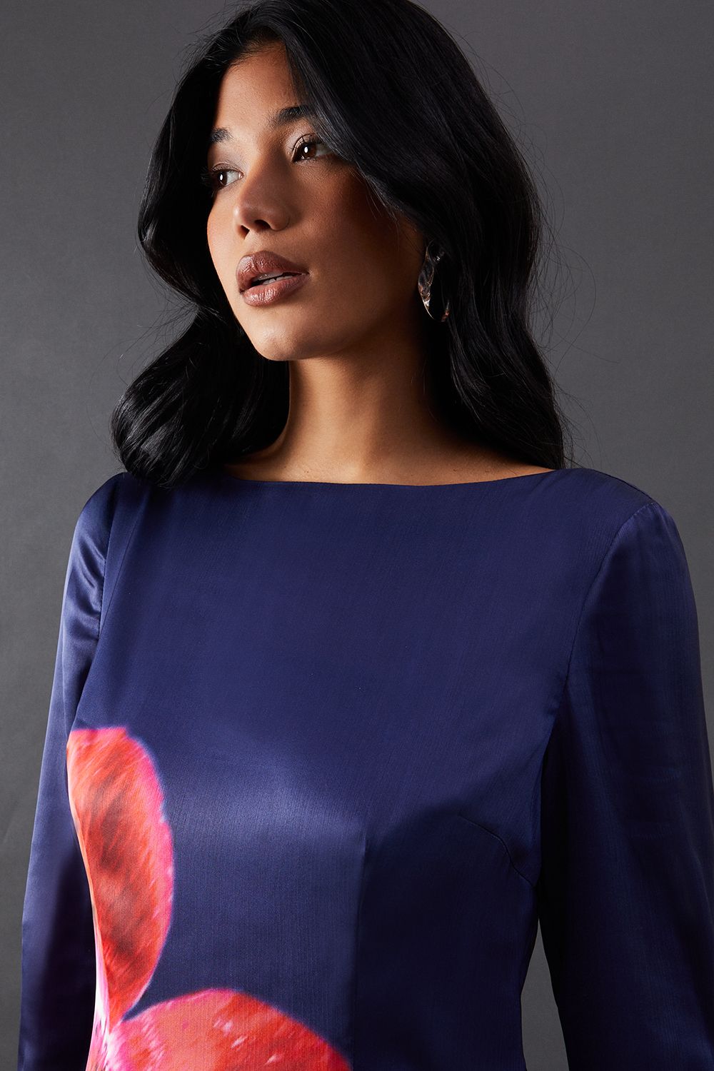 Warehouse Floral Placement Print Satin Midi Dress Navy image 2