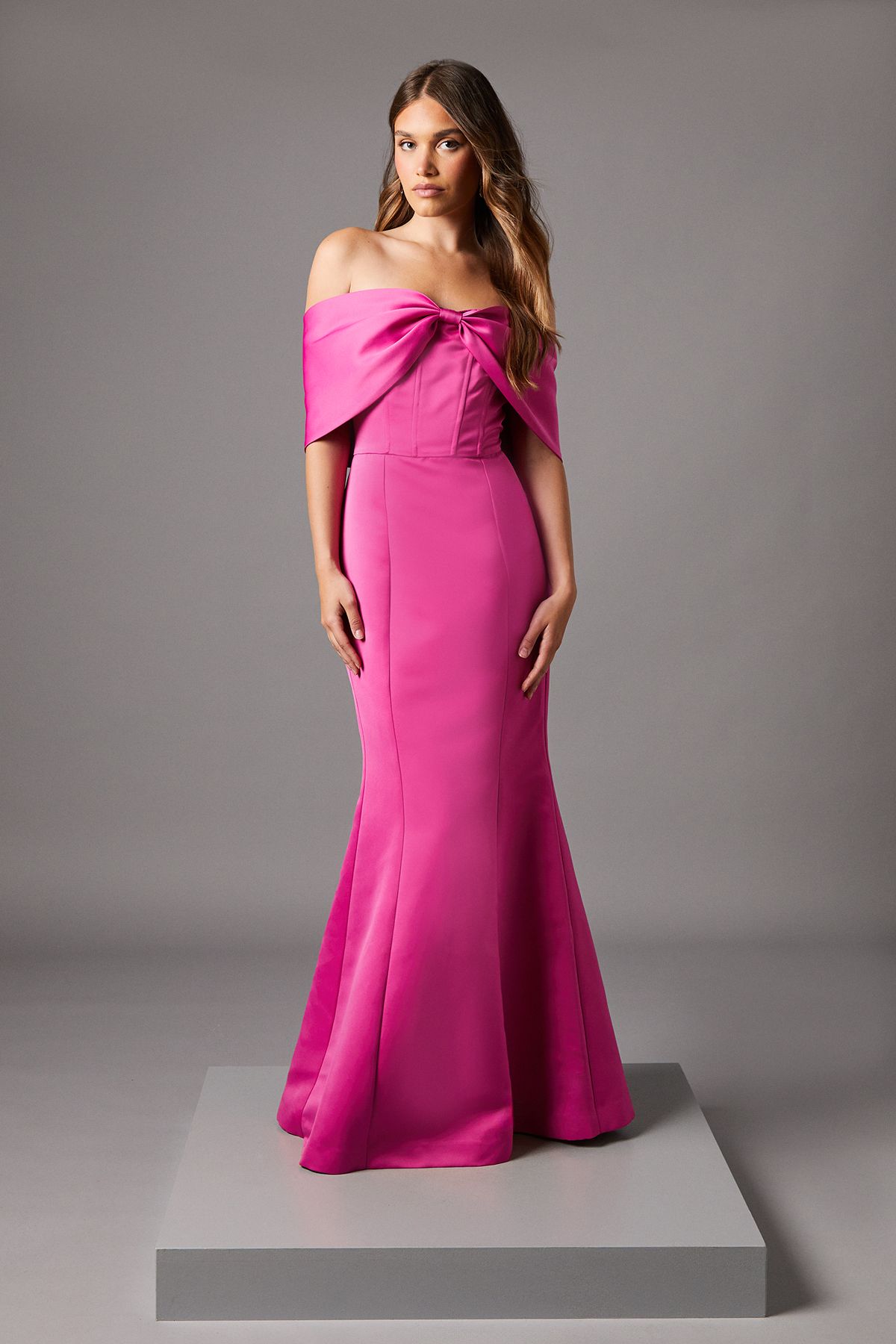 Coast Bardot Bow Effect Fishtail Maxi Occasion Dress Pink image 1