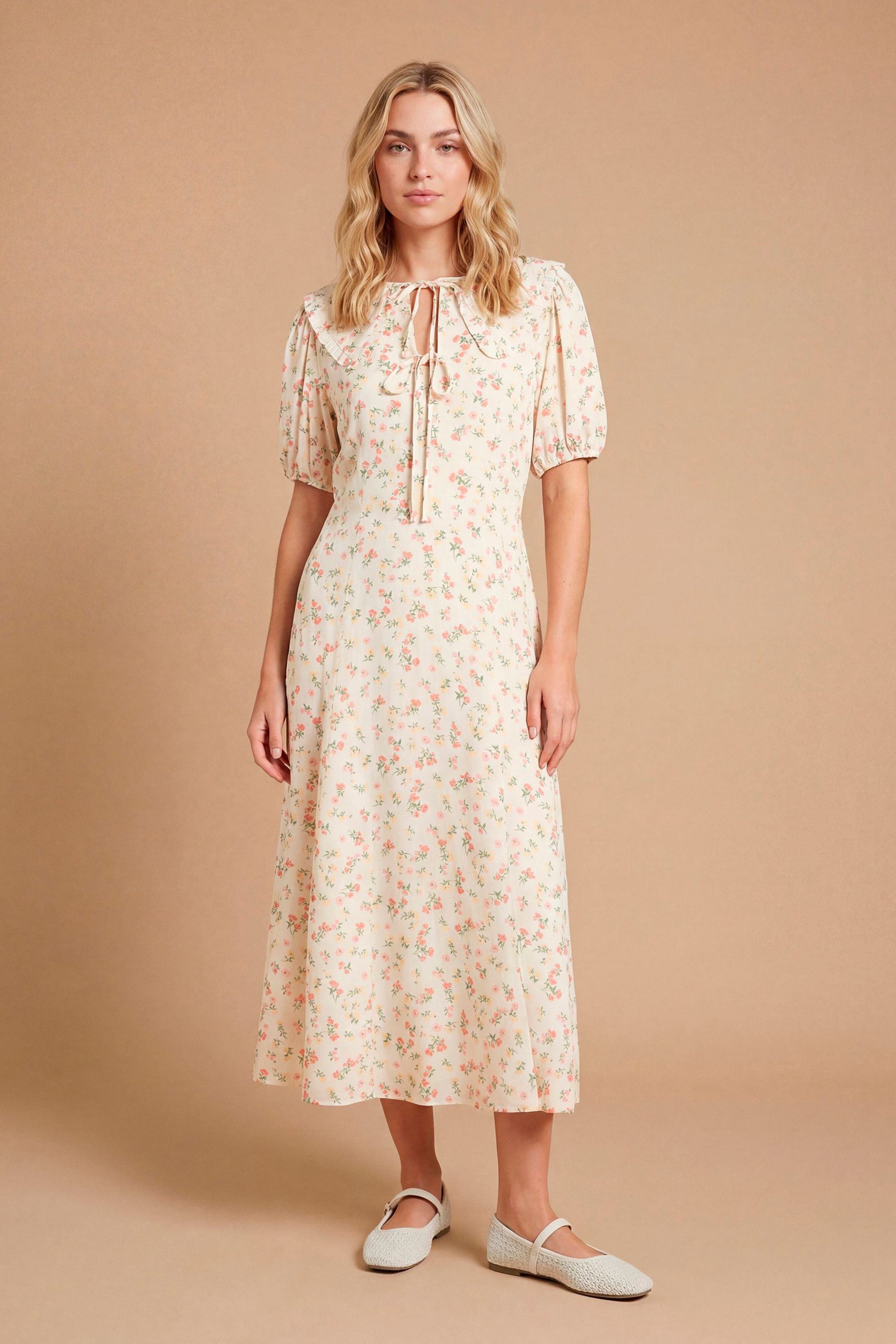 Dorothy Perkins Lace Trim Collar Tie Detail Printed Midi Dresss Floral