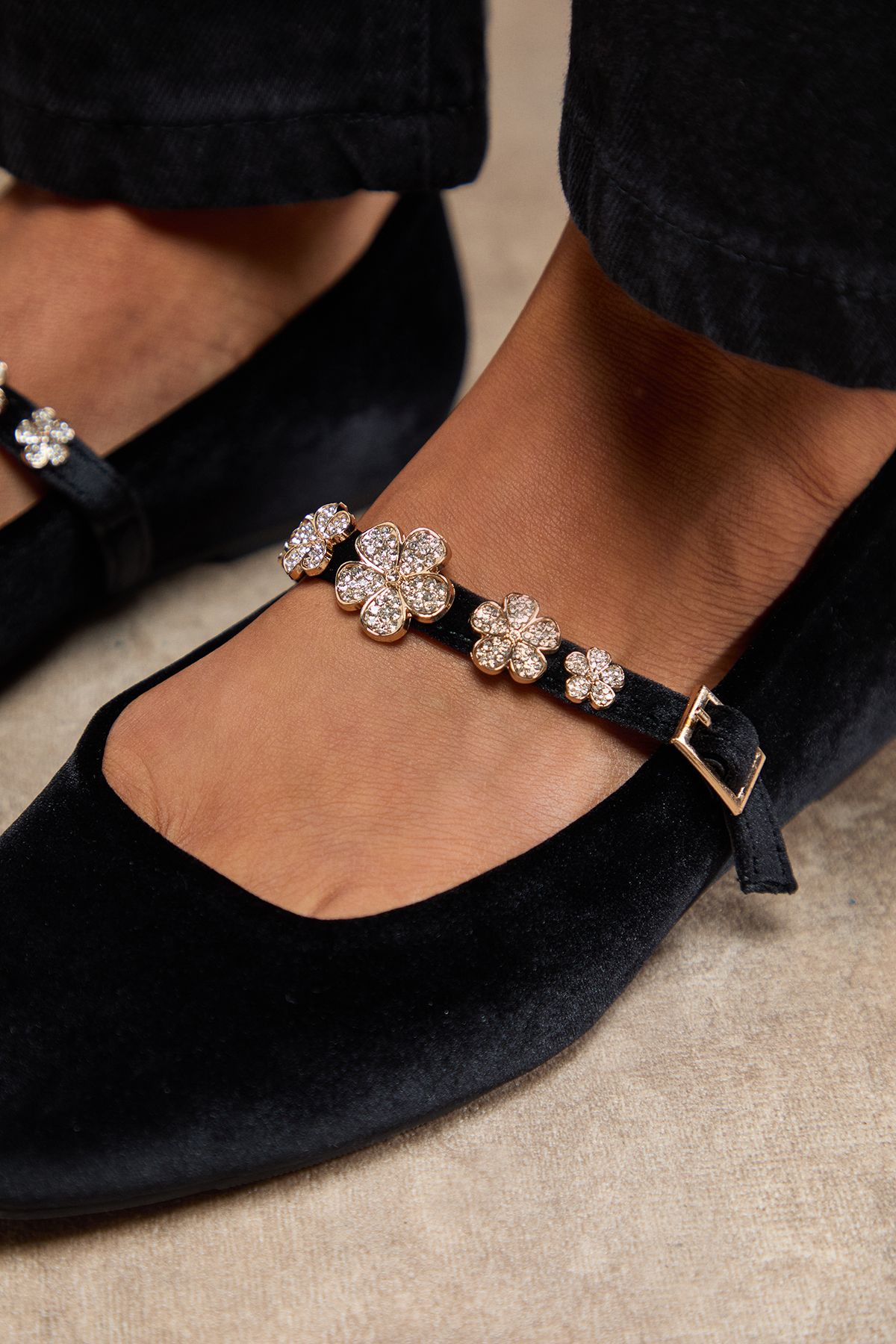 Oasis Jem Velvet Flower Brooch Detail MaryJane Ballet Pump Black image 3