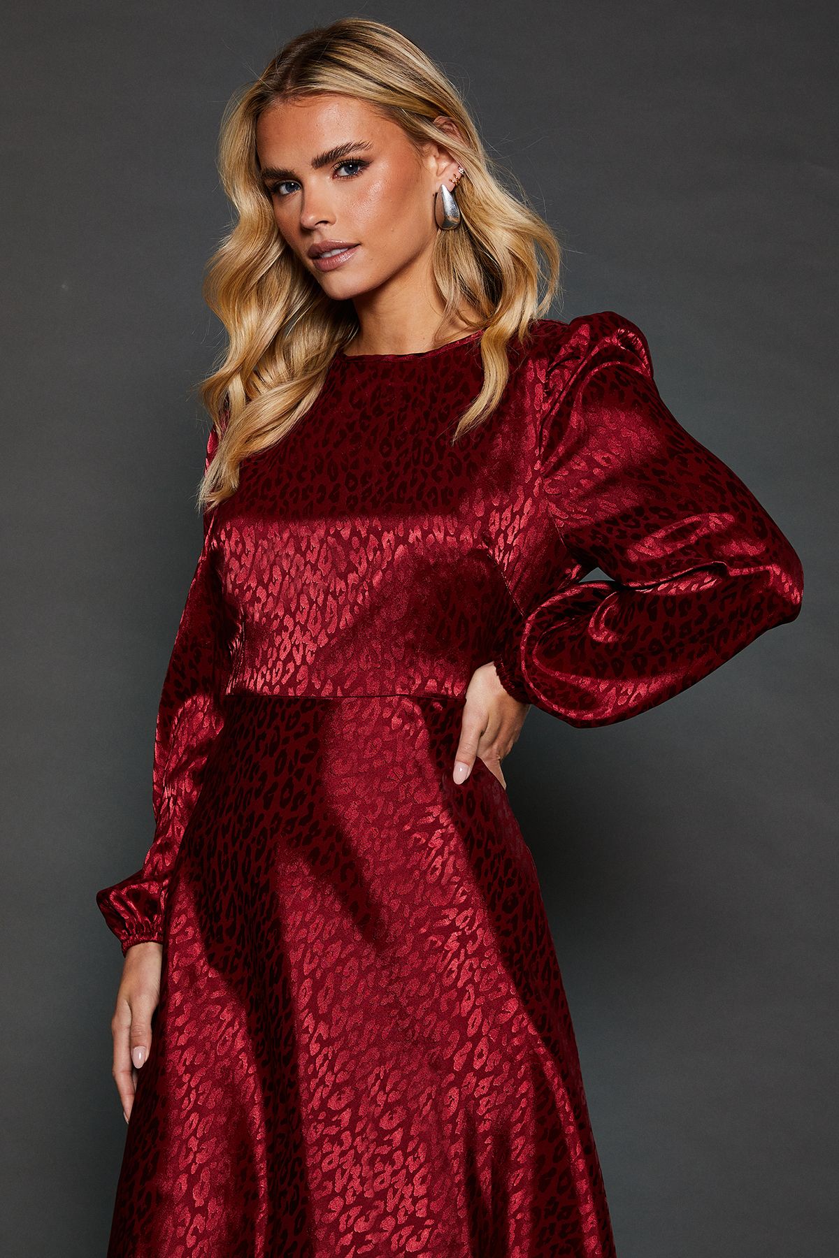 Dorothy Perkins Petite Satin Jacquard Empire Long Sleeve Midi Dress Berry image 4