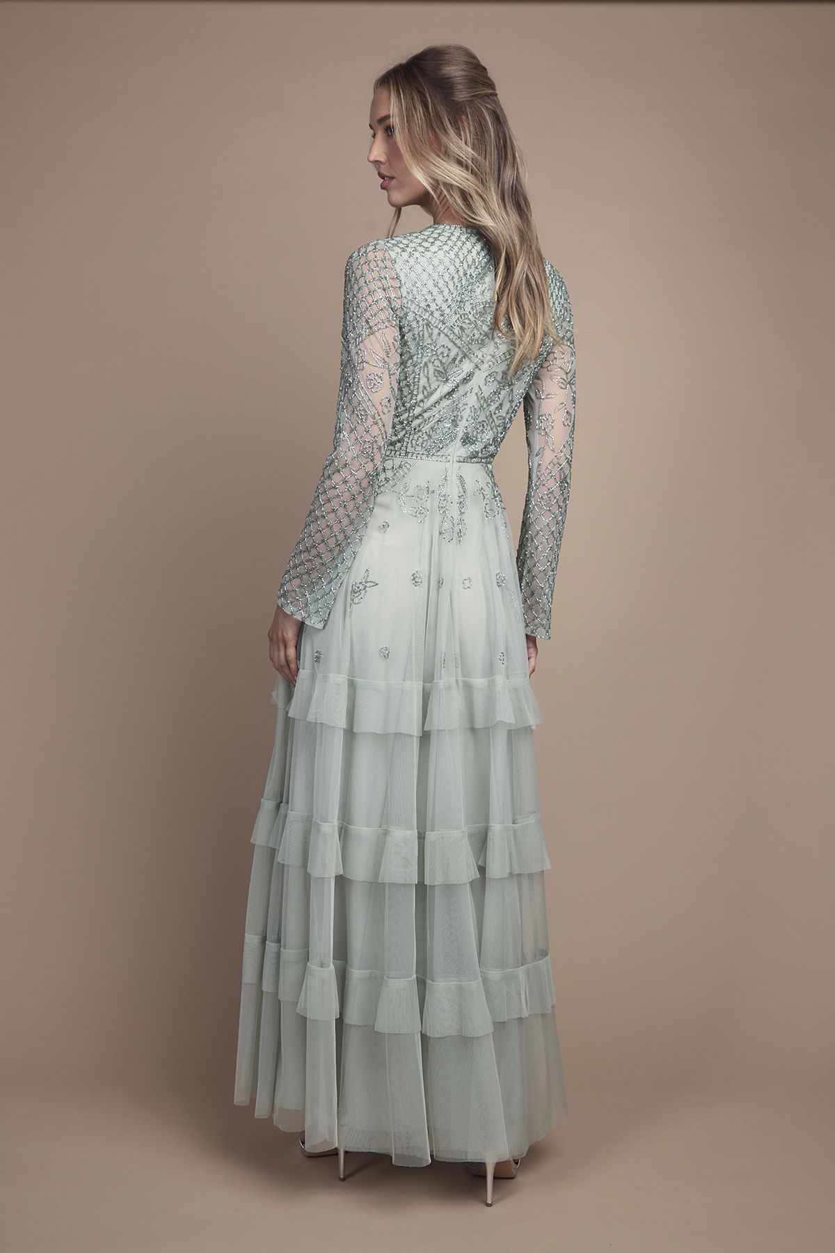 Coast Embellished Artwork Long Sleeve Tiered Bridesmaid Maxi Dress Sage image 3