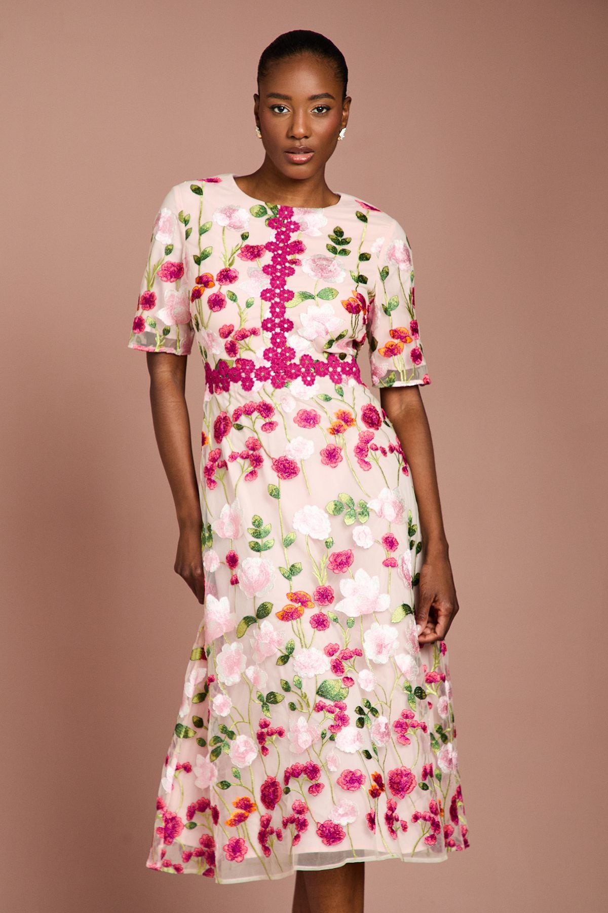 Coast Embroidered Floral With Laid On Lace Midi Dress Pink