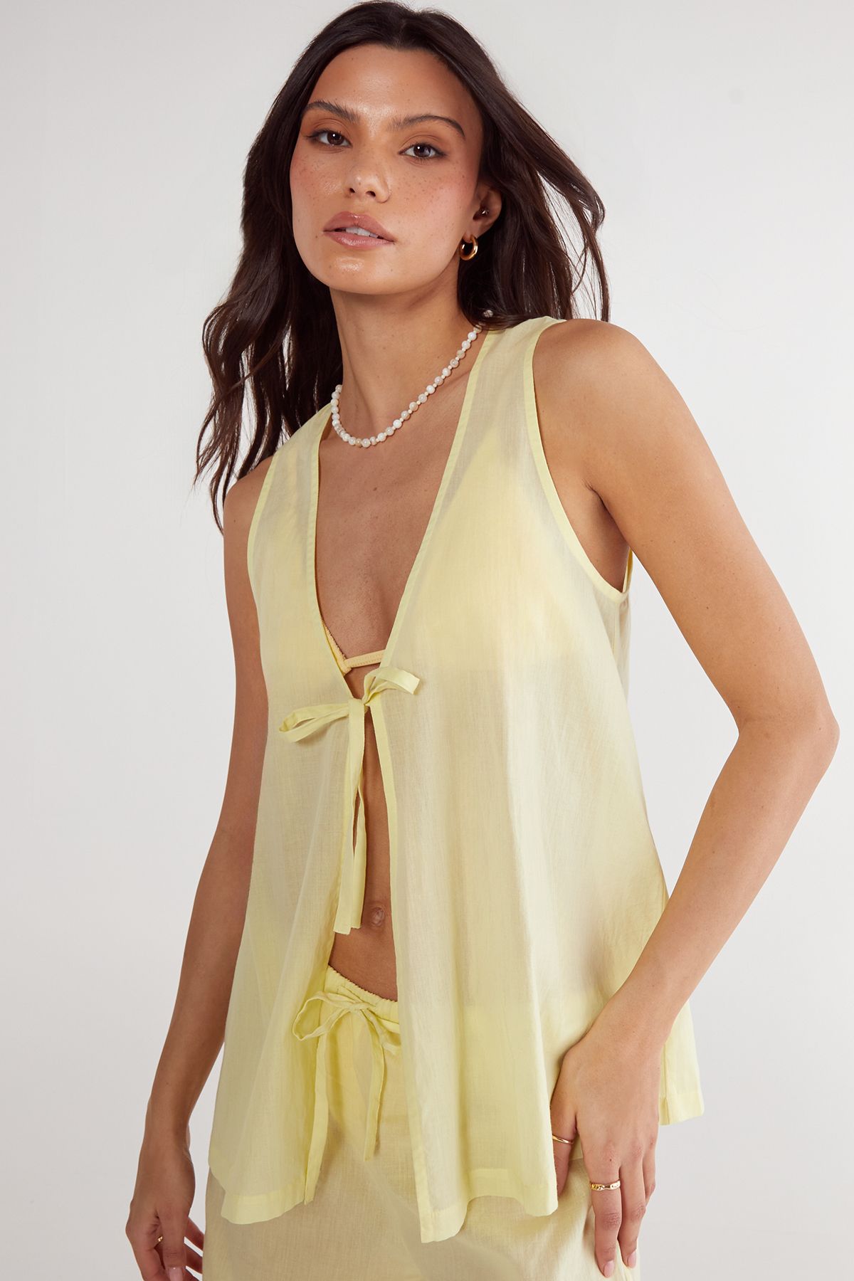 NastyGal Cotton Tie Front Waistcoat And Pants Beach Set Lemon image 2