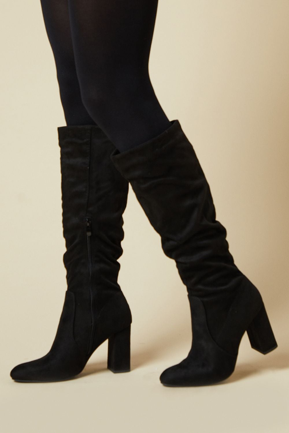 Dorothy Perkins Wide Fit Keris Faux Suede High Block Heel Ruched Knee High Boots Natural Black image 4