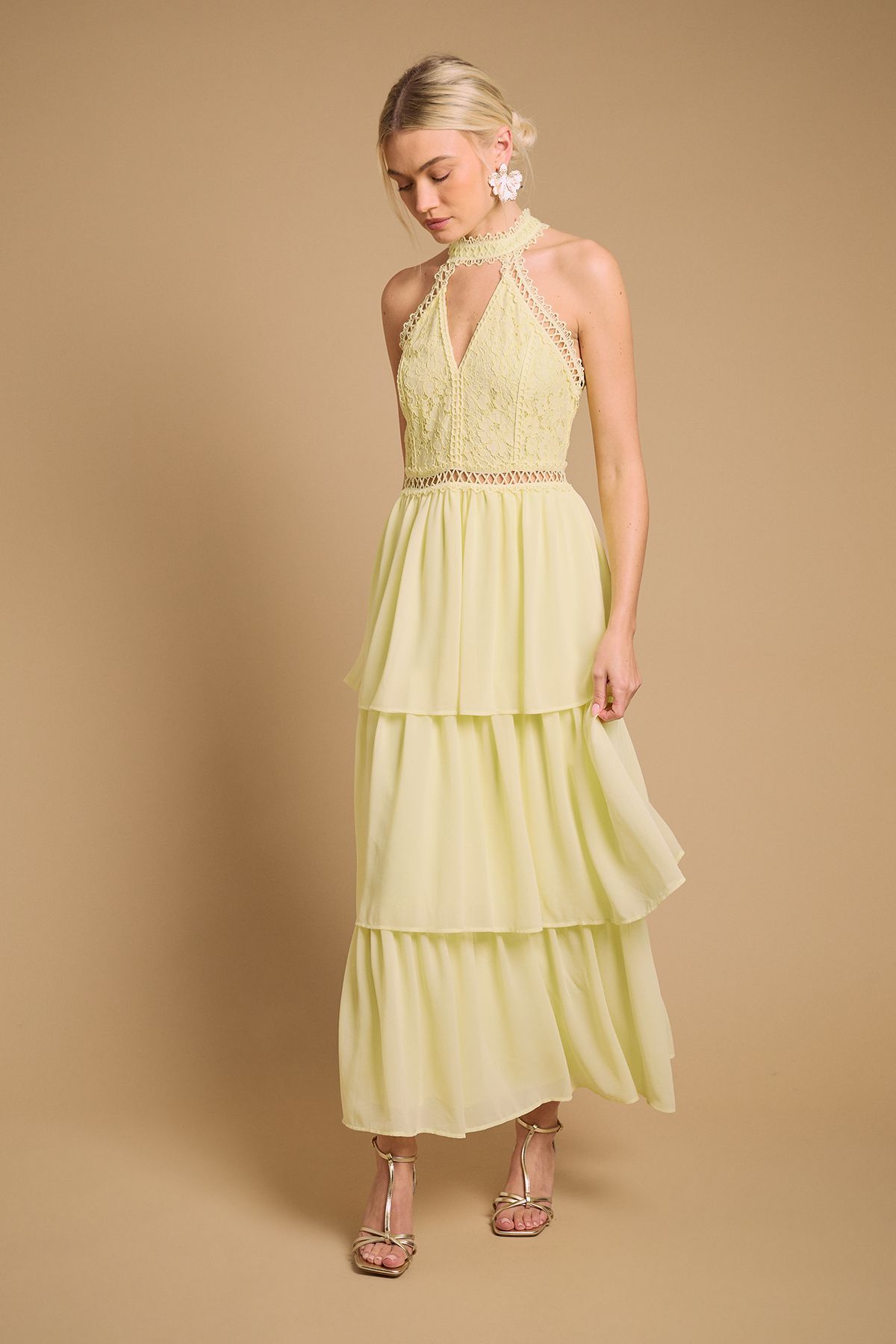 Oasis Lace Tiered Halter Neck Midi Dress Yellow