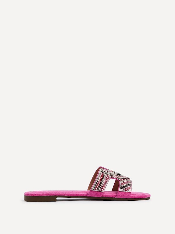 Linzi Indira Fuchsia Suede Aztec Design Embellished Slider Sandal