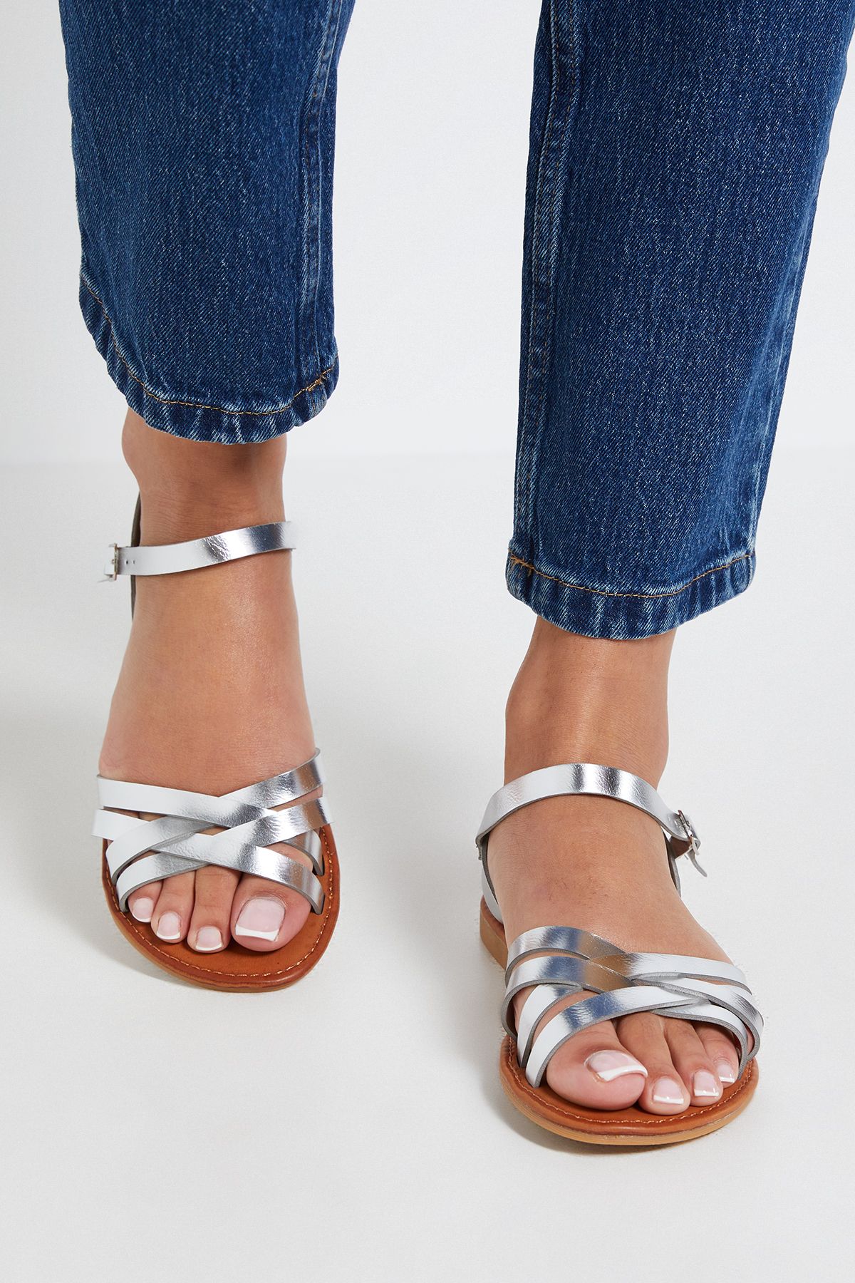 Dorothy Perkins Aida Faux Leather Cross Strap Flat Sandals Silver image 1
