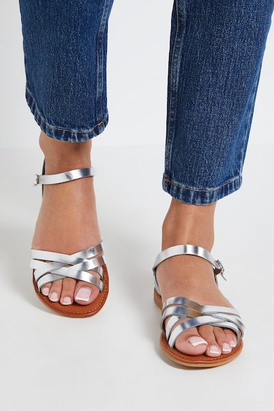 Dorothy Perkins Aida Faux Leather Cross Strap Flat Sandals Silver
