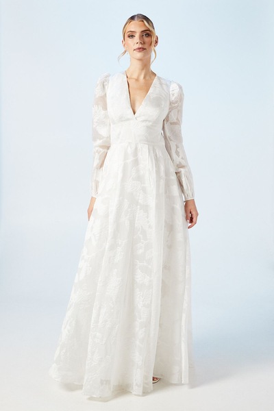 Coast Plunge Neck Organza Jacquard Blouson Sleeve Wedding Dress Ivory