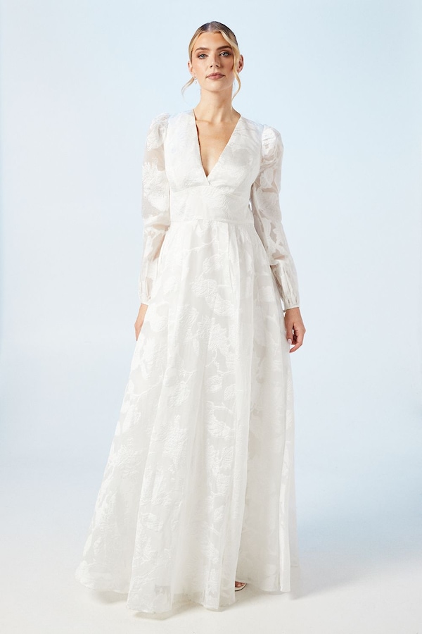 Coast Plunge Neck Organza Jacquard Blouson Sleeve Wedding Dress Ivory