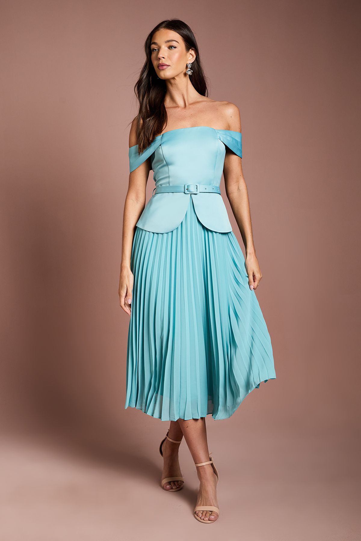 Coast Satin Bardot Top Pleat Skirt Midi Dress Mint image 1