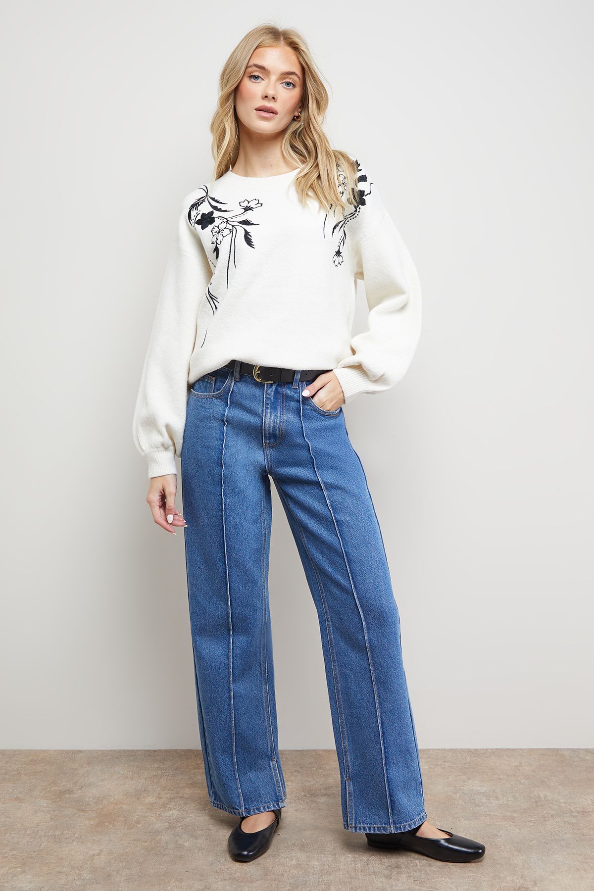 Oasis Floral Embroidered Crew Neck Jumper Ivory image 2