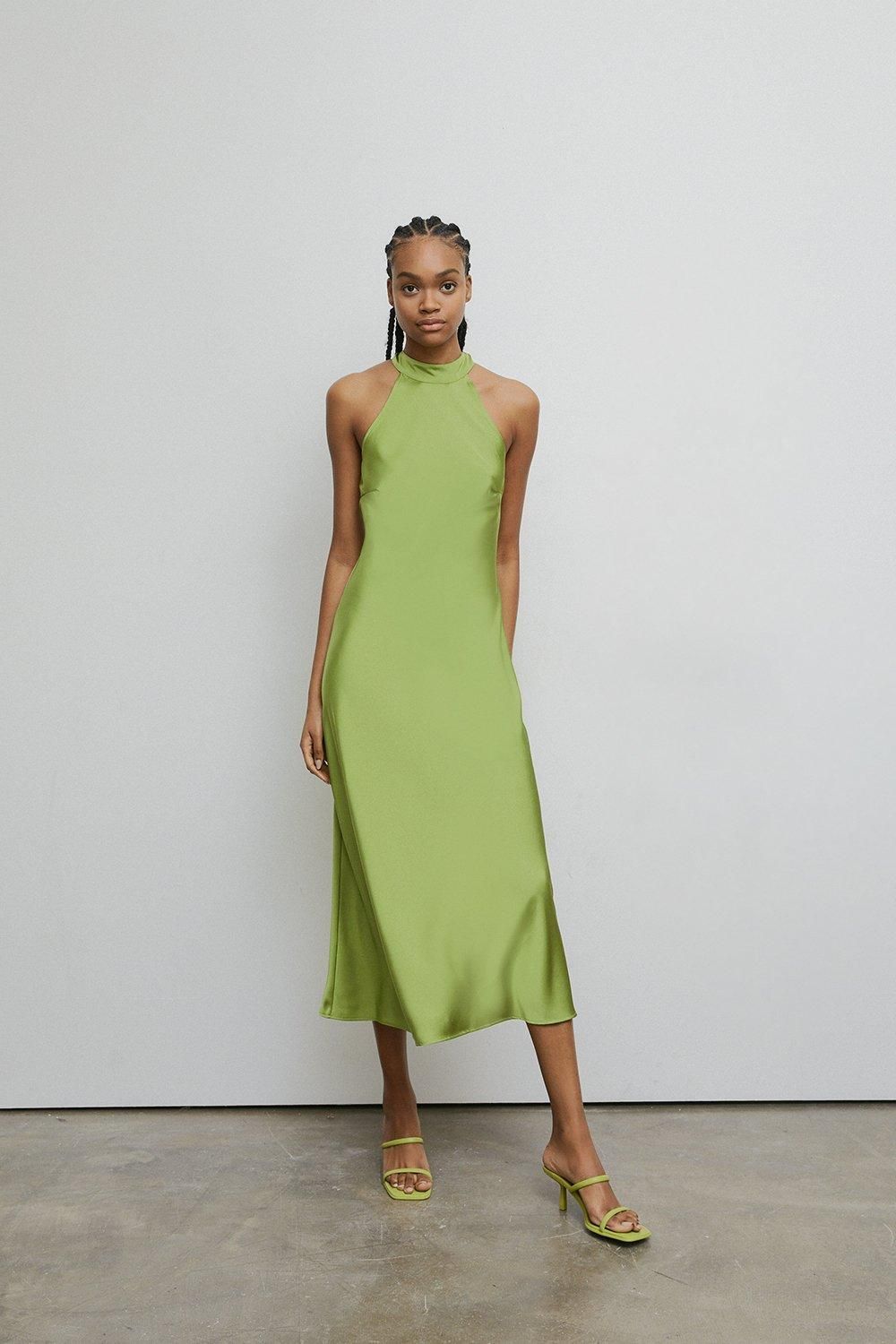 Warehouse Satin Halter Neck Backless Slip Dress Green image 1
