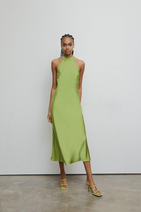 Warehouse Satin Halter Neck Backless Slip Dress Green