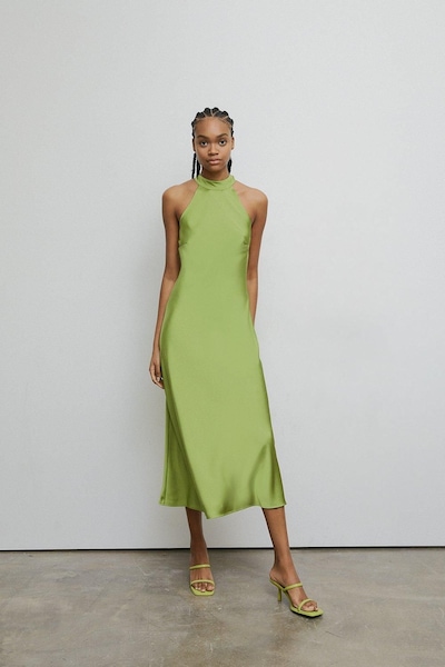 Warehouse Satin Halter Neck Backless Slip Dress Green