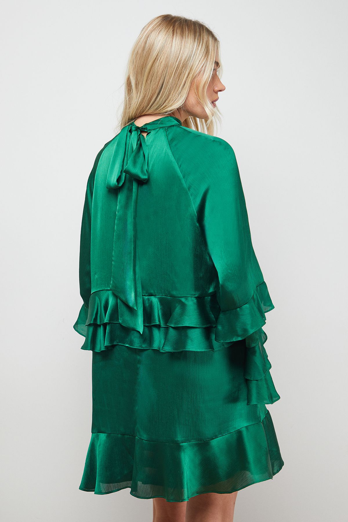 Oasis Layered Ruffle Sleeve Bow Back Mini Dress Forest image 3