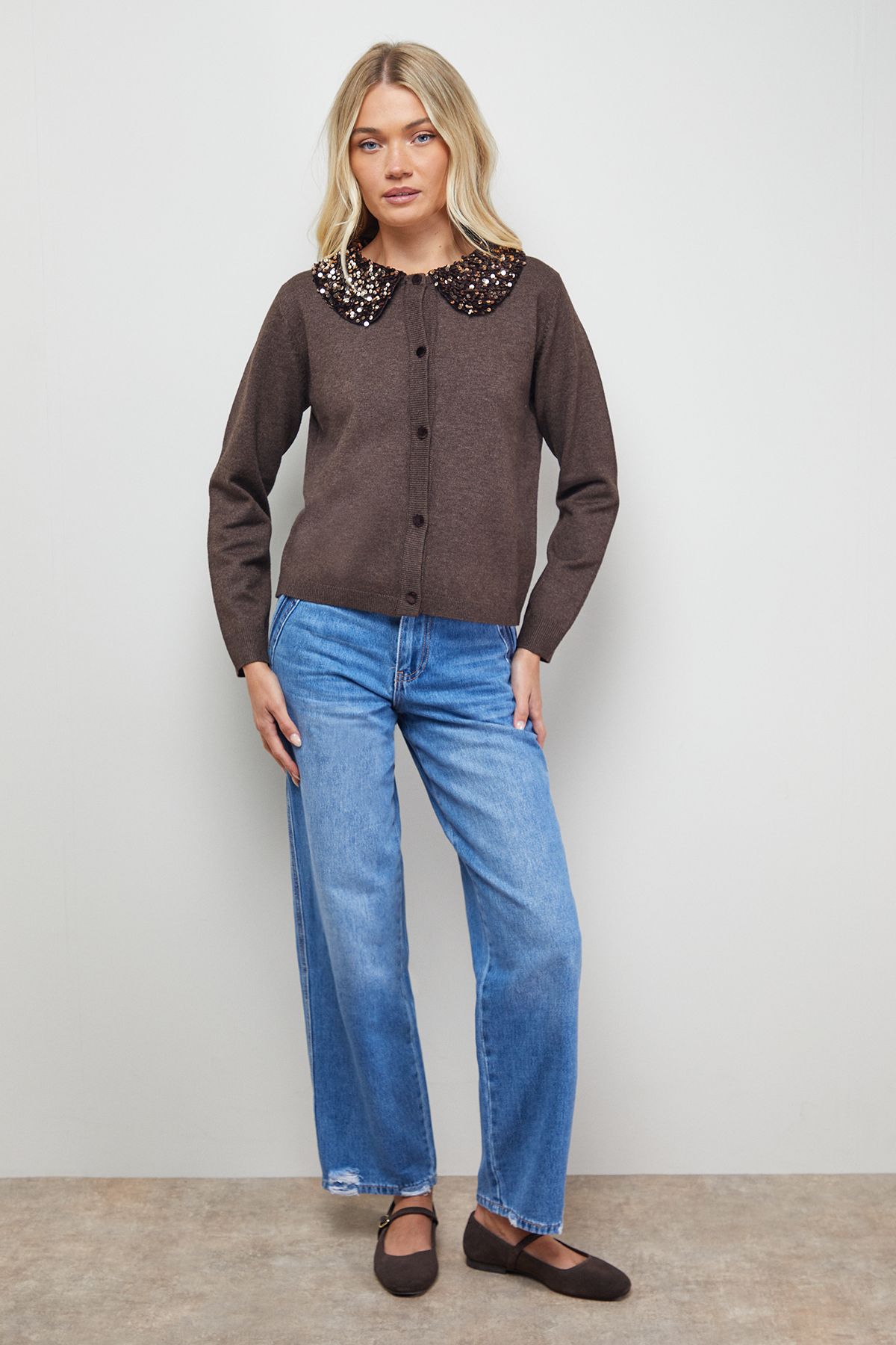 Oasis Sequin Collar Cardigan Brown image 2