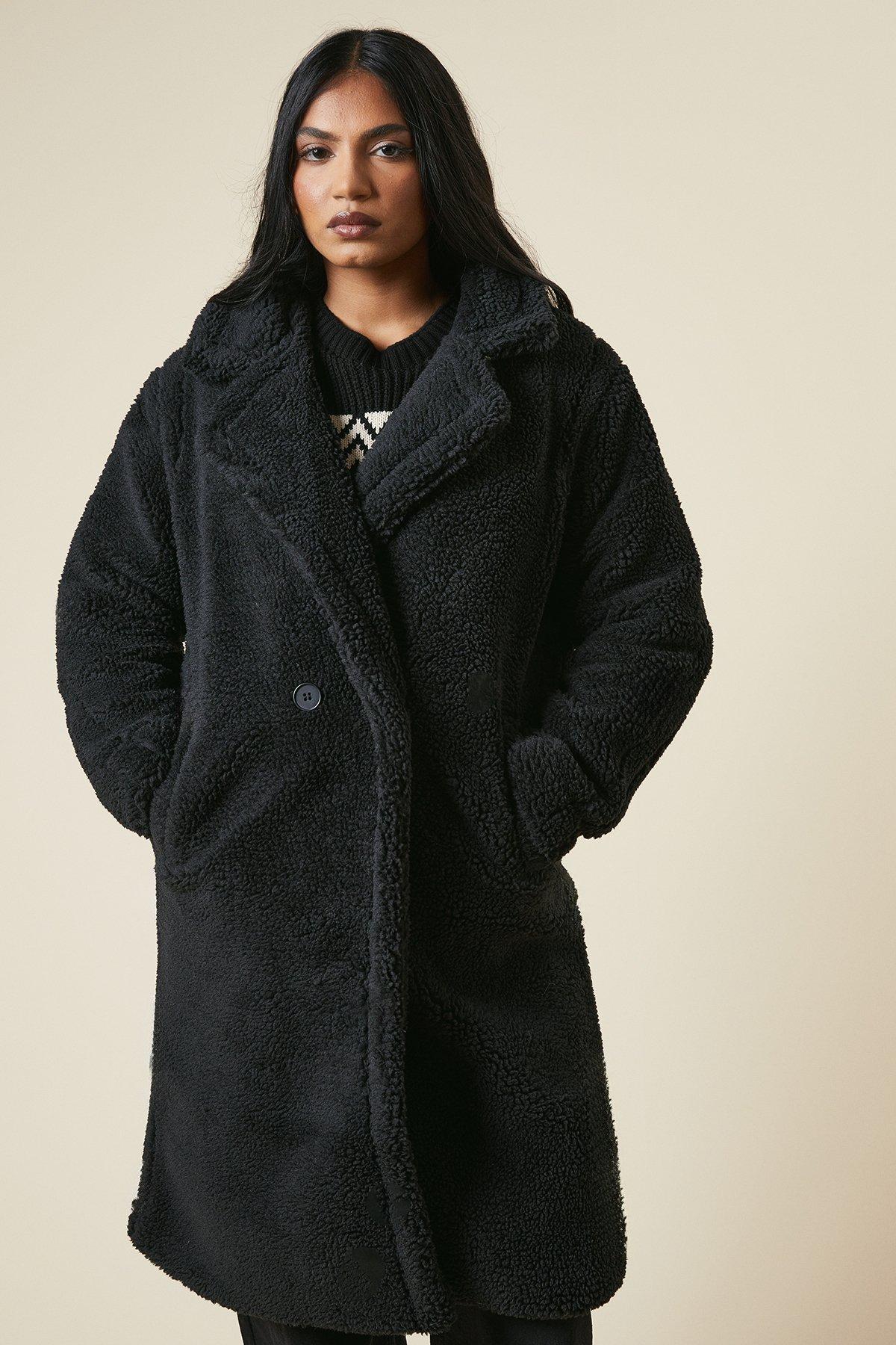 Dorothy Perkins Borg Collared Midi Coat Black image 1