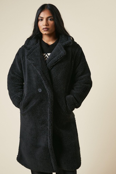 Dorothy Perkins Borg Collared Midi Coat Black