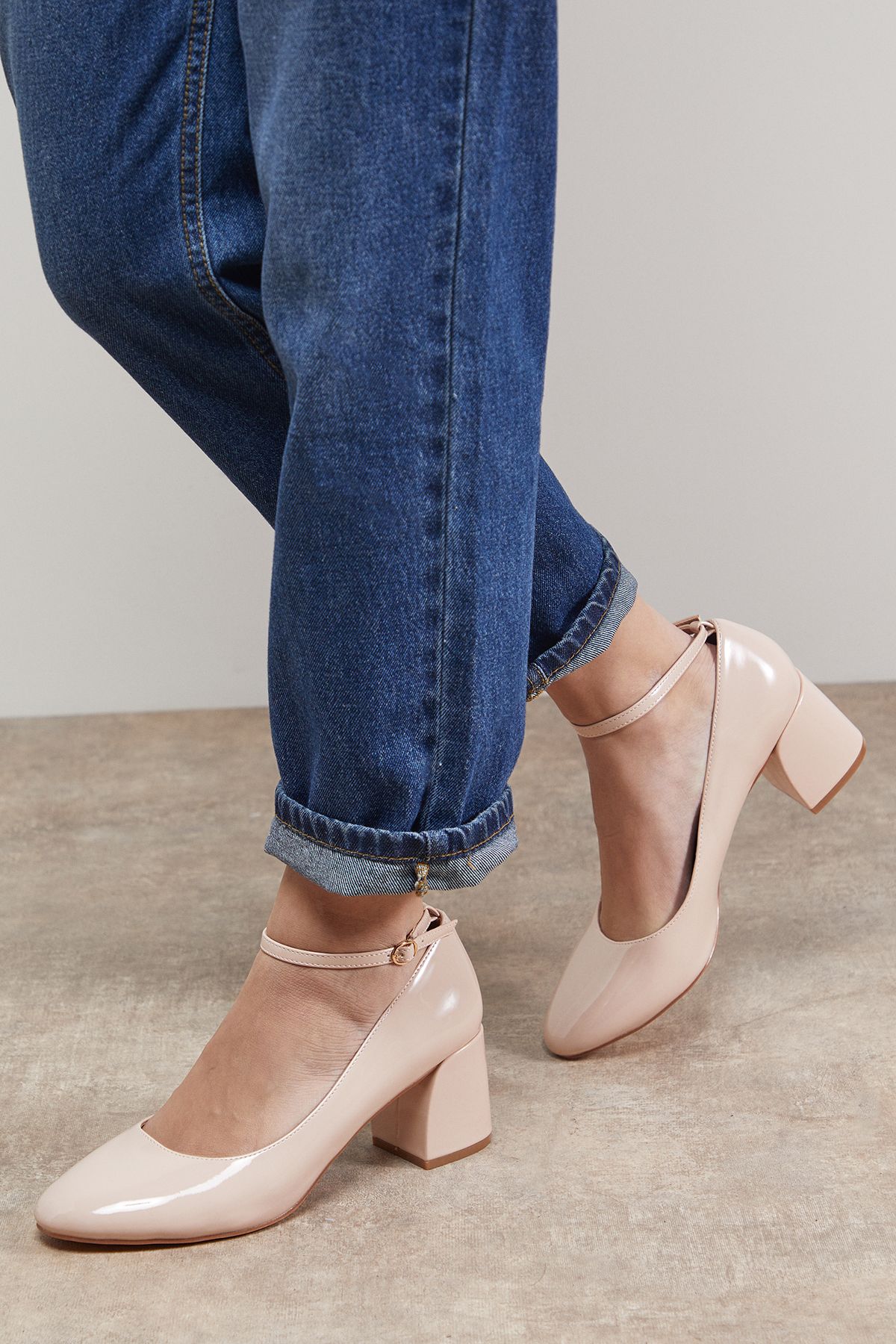 Oasis Venisha Faux Patent Leather Ankle Strap Medium Heel Court Shoes Beige