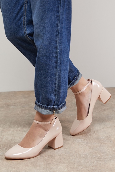 Oasis Venisha Faux Patent Leather Ankle Strap Medium Heel Court Shoes Beige
