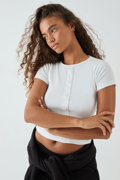 DSGN Studio DSGN Studio Square Script Embroidered Rib Fitted Button Through Top White