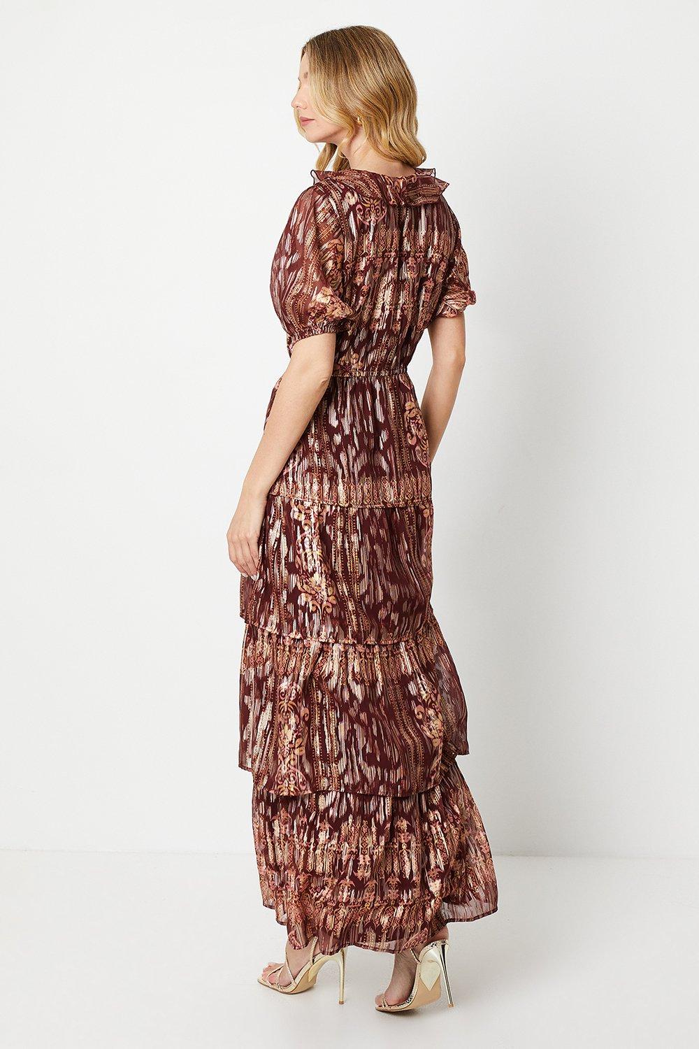 Oasis Ruffle Metallic Jacquard Tiered Midi Dress Multi image 3