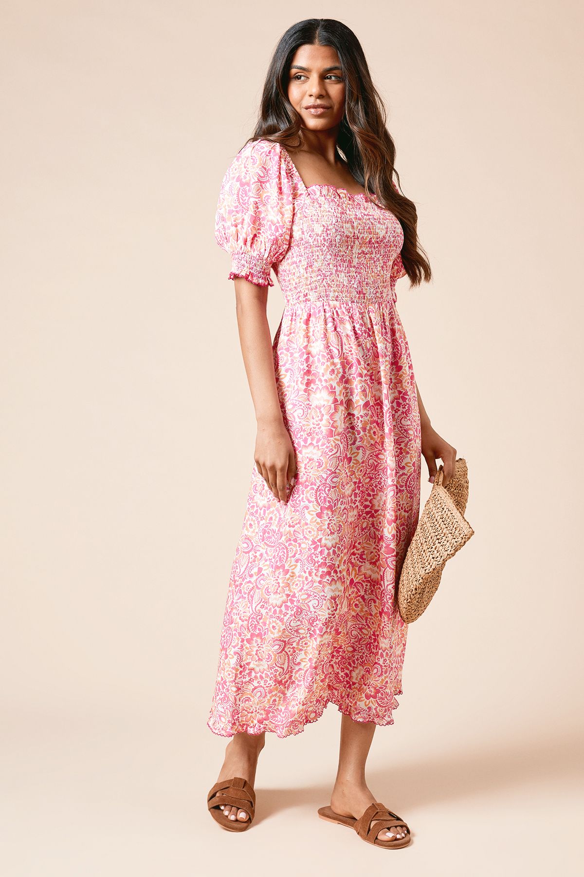 Dorothy Perkins Petite Pink Shirred Bodice Trim Detail Midaxi Dress Pink