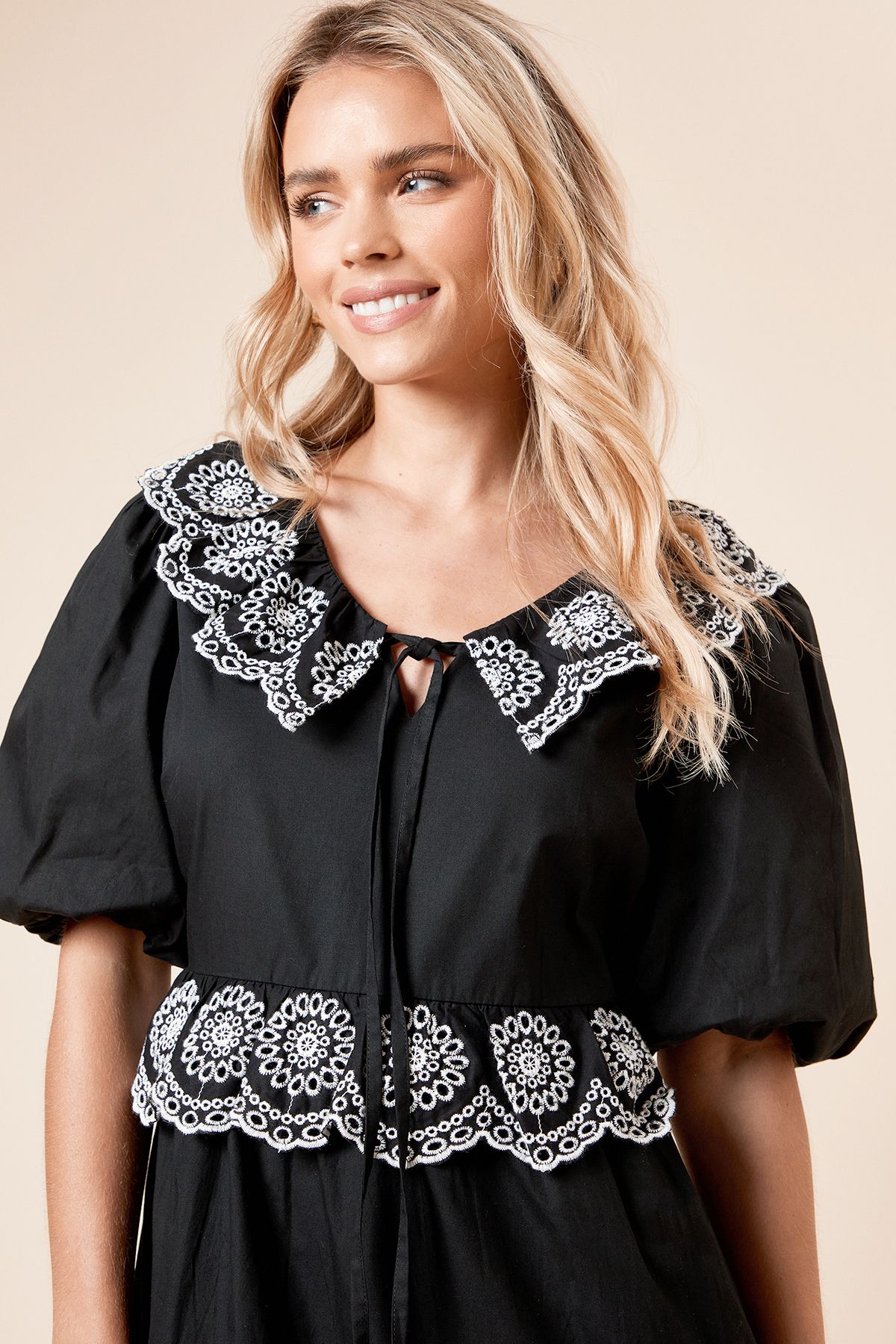 Dorothy Perkins Petite Embroidered Tiered Midi Dress Mono image 2