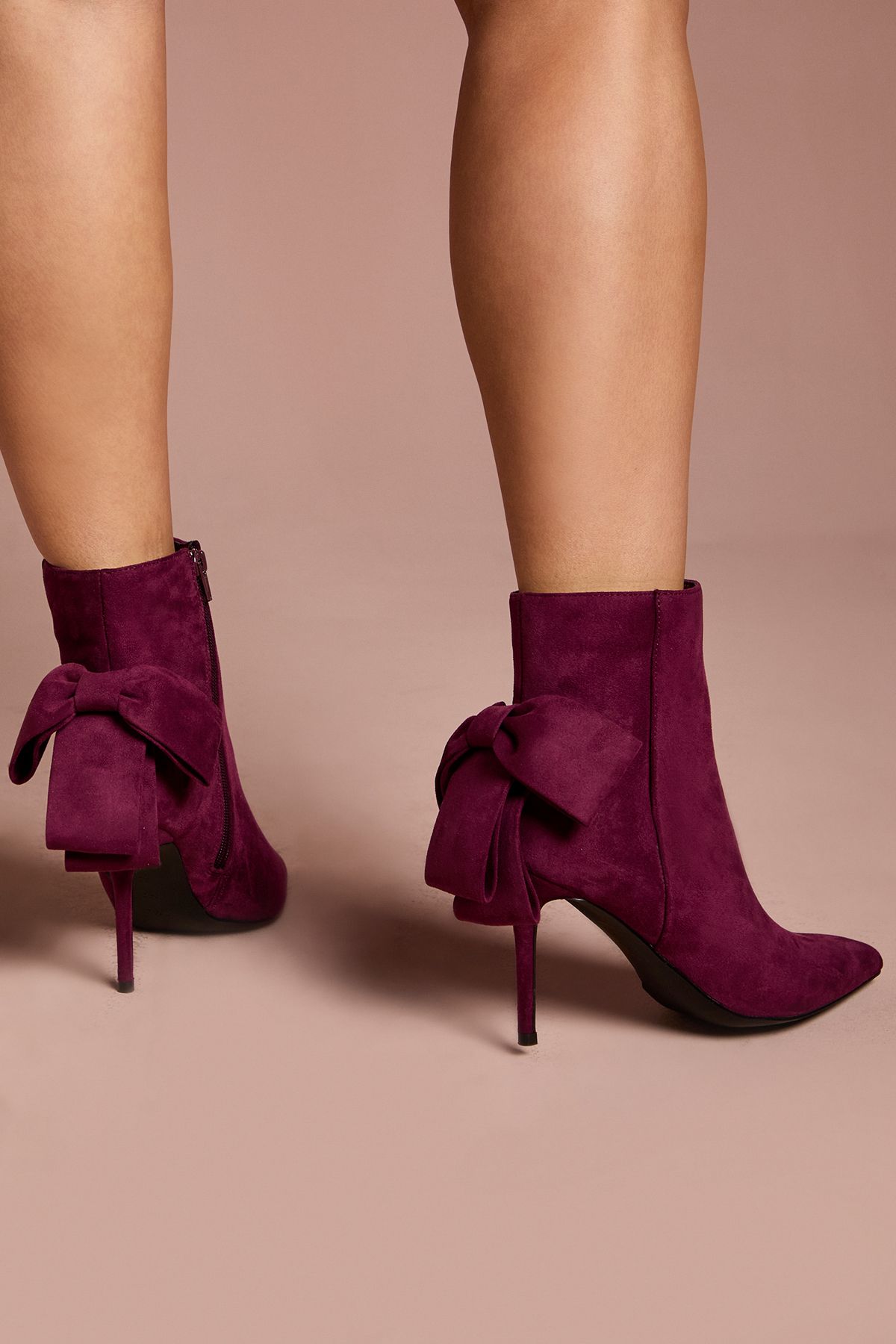 Coast Camilla Faux Suede Bow Back Stiletto High Heeled Ankle Boots Burgundy image 4