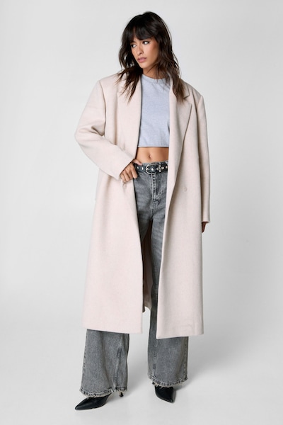 NastyGal Premium Wool Blend Double Breasted Coat Ecru