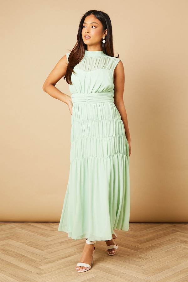 Oasis Petite Gathered High Neck Chiffon Midi Dress Aqua