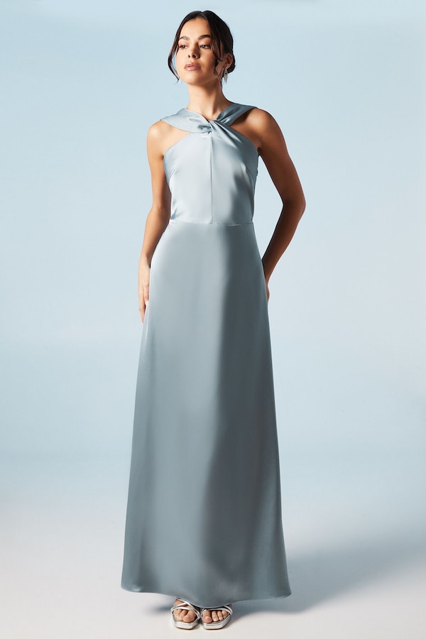 Coast Twisted Halterneck Satin Maxi Bridesmaid Dress Dusty Blue