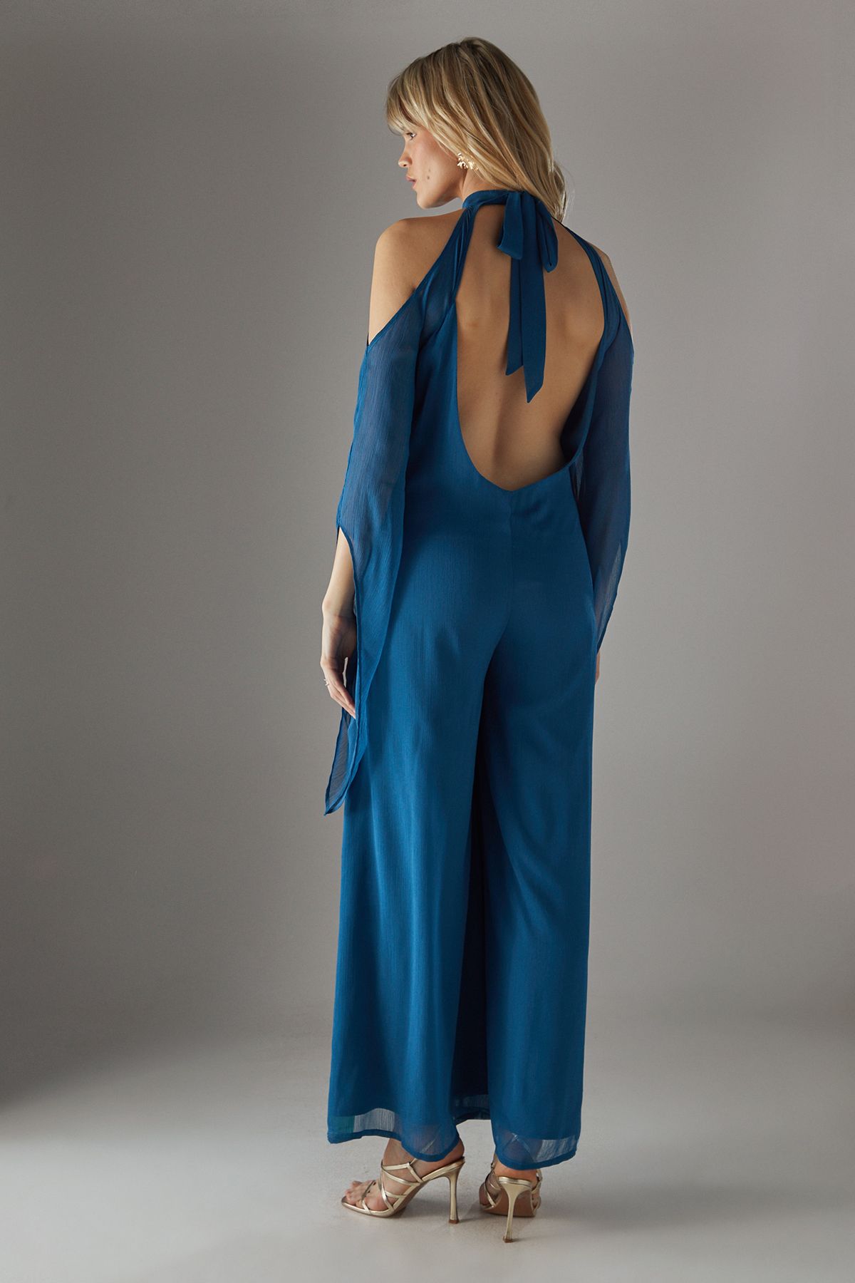 Warehouse Bohemian Halter Cold Shoulder Flared Sleeve Jumpsuit Teal image 4